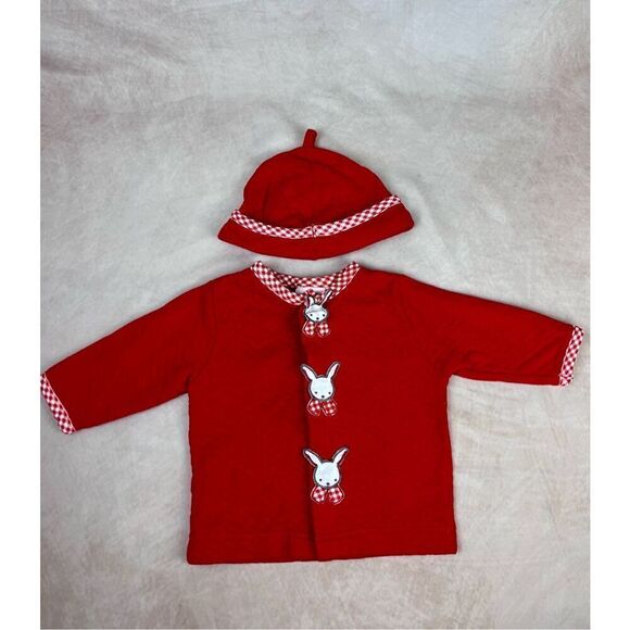 Y2K Carters Vintage Red Quilted Rabbit Gingham Cardigan Shirt Jacket Baby 0-6 Mo - Picture 1 of 4